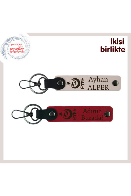 Kişisel Armağan – Ayyıldız Kurt Göktürk Desenli İsme Yazılabilir X2 Anahtarlık Hediye, Pudra-Kırmızı