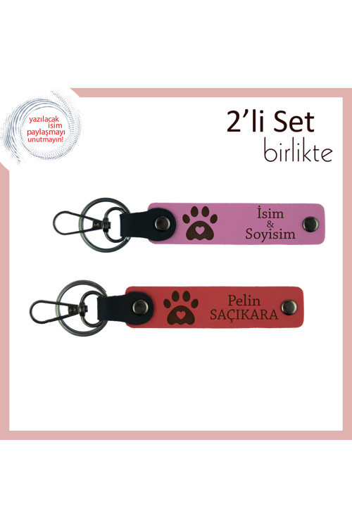 Sevgiliye Ortak Bağı Temsil Eden Sevimli Tasarım, Kalpli Pati Deri Anahtarlık Seti, Pembe-Nar Çiçeği