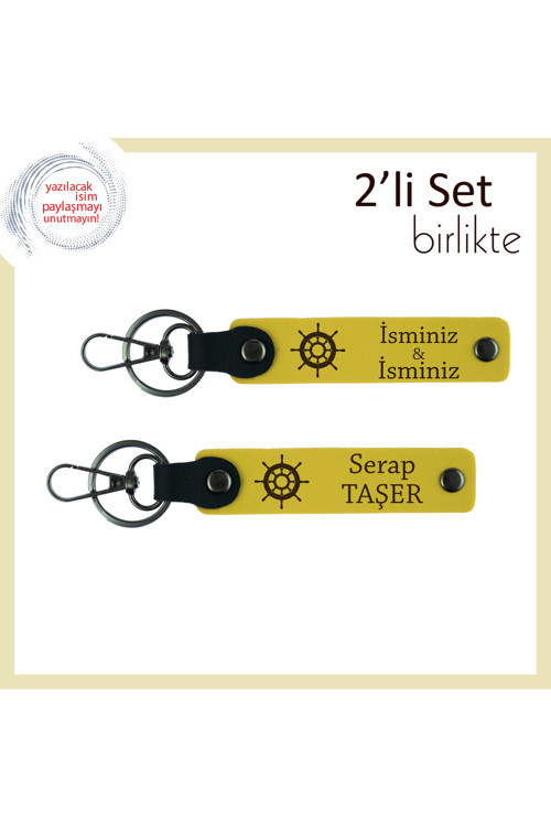Tarzına Güvenen Eşe Kişisel Tasarım, Gemi Dümeni Desenli 2’Li Set, İsim Yazdırılabilir, Sarı-Sarı