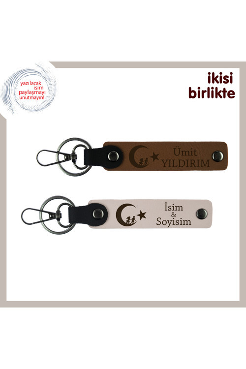 Öğretmene Hatıra, Çocuk Ve Ayyıldız İsme & Soyisme Özel 2’Li Anahtarlık Hediye, Açık Kahve-Pudra