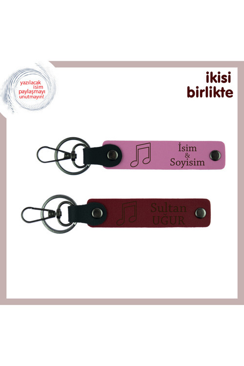 Sevgiliyle Müziği Paylaşmanın En Tatlı Yolu, Kişisel Deri Anahtarlık Seti, Pembe-Bordo