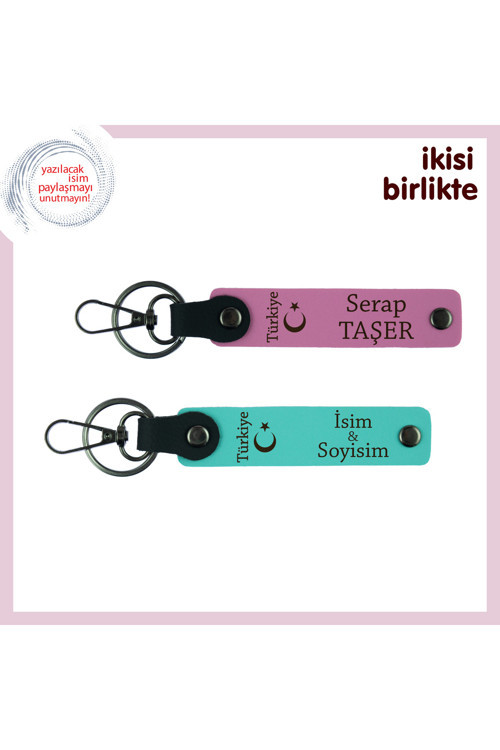 Kalpten Kalbe Giden Hediye – Sevgiliye Ayyıldız Ve Türkiye Deri Anahtarlık 2'Li Set, Pembe-Turkuaz