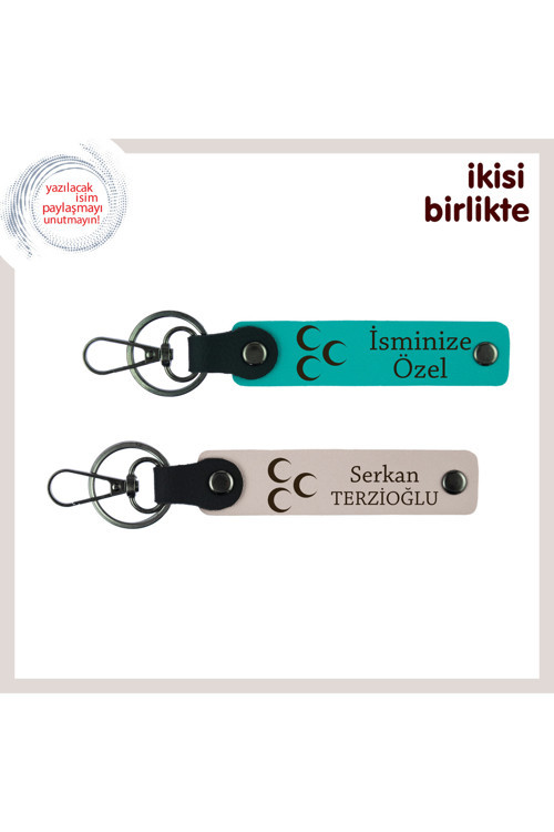 Yeni Evli Gençlere Hediye – Üç Hilal Desenli Anahtarlık Takımı, Koyu Turkuaz-Pudra