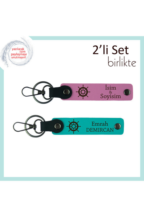 Gemi Temalı İsim Yazılabilir Deri Anahtarlık, Sevgiliye Hediyelik Set, Pembe-Koyu Turkuaz
