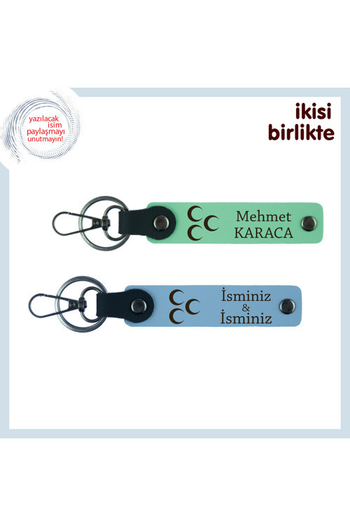 Komşuya İnce Sürpriz, Üç Hilal Temalı İsim Yazılı 2’Li Anahtarlık Hediyesi, Yeşil-Mavi