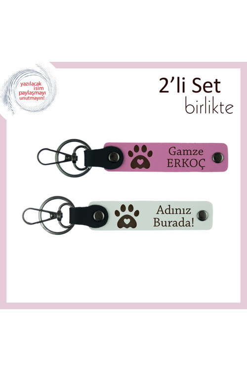 Kedi Sahibi Babaya Kişisel Tasarım, Kalpli Pati Temalı Hediyelik Anahtarlık Seti, Pembe-Beyaz