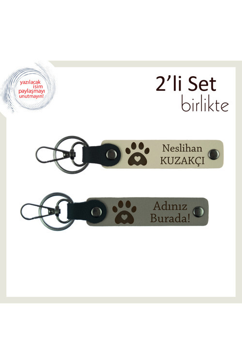 Kalpli Pati Motifli Deri Anahtarlık Seti, Kedi Sahiplerine Anlamlı Hatıra, Sütlü Kahve-Kül Gri
