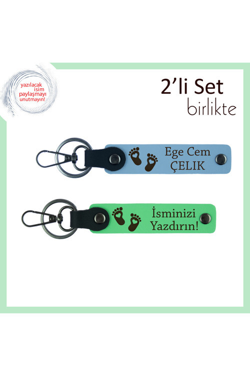 İlk Çocuk İçin Seçilecek En Özel Hatıra, Kalpli Ayak Desenli İsimli Anahtarlık Takımı, Mavi-F Yeşil