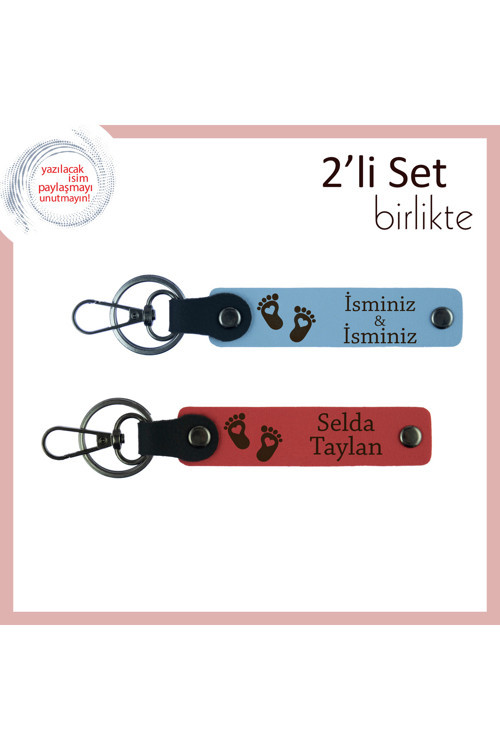 Adınızı Taşıyan Deri Anahtarlık Takımı, Kalpli Bebek Ayağı Figürlü Sevimli Hediyelik, Gök Mavi-Nar