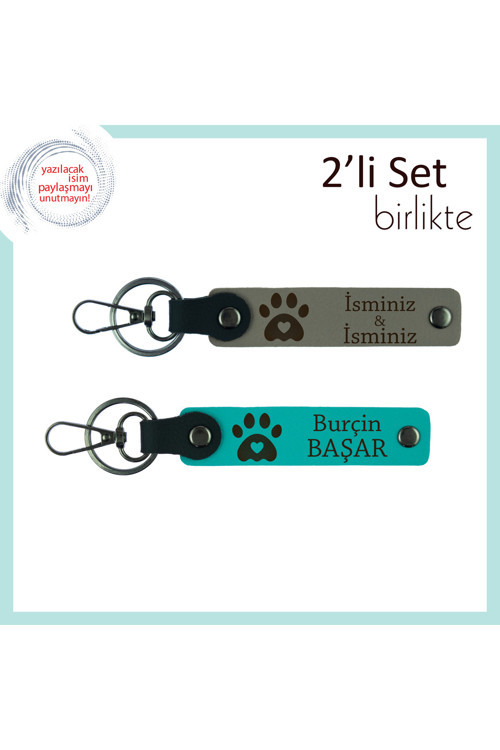 Kalpli Pati Motifli Deri Anahtarlık Seti, Kedi Sahipleri İçin Özel Hediye, Kül Gri-Koyu Turkuaz