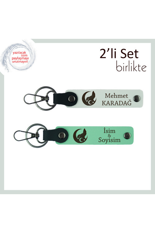 İsim Ve Soyisimle Tamamen Size Özel Bozkurt Ve Ayyıldız Temalı X2 Hediye Anahtarlık, Beyaz-Yeşil