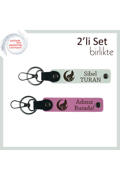 Özel Hediyelik – Bozkurt Ve Ayyıldız, İsim Ve Soyisim Yazılabilir 2’Li Anahtarlık, Beyaz-Pembe