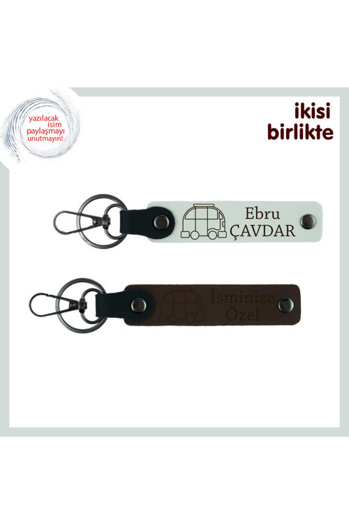 İsim Eklenebilir Deri Anahtarlık, Karavan Motifli Kişiye Özel Hediyelik Set, Beyaz-Koyu Kahve