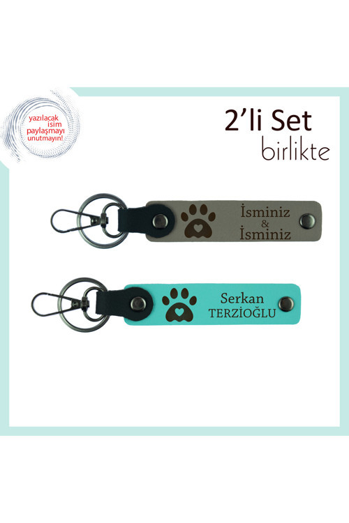 Hayvan Sevgisini Yansıtan Deri Set, Kalpli Pati Motifiyle Kişiye Özel Tasarım, Kül Gri-Turkuaz