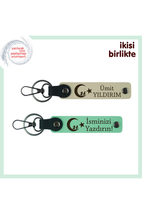 İsme Özel Çocuk Ve Ayyıldız Temalı Hediye – Sevgiline Kişisel Anahtarlık Seti, Sütlü Kahve-Yeşil