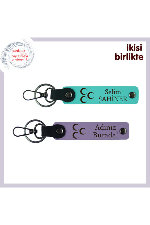 Sadece Ona Ait Hediye – Üç Hilal Temalı Kişiye Özel Deri Anahtarlık Seti, Turkuaz-Mor