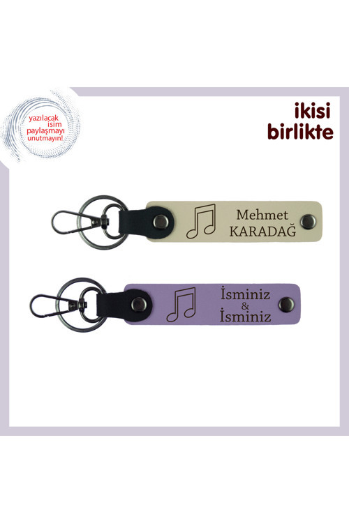 İsminize Özel Üretim Nota Detaylı Hediye, Romantik Deri Anahtarlık Takımı, Sütlü Kahve-Mor Menekşe