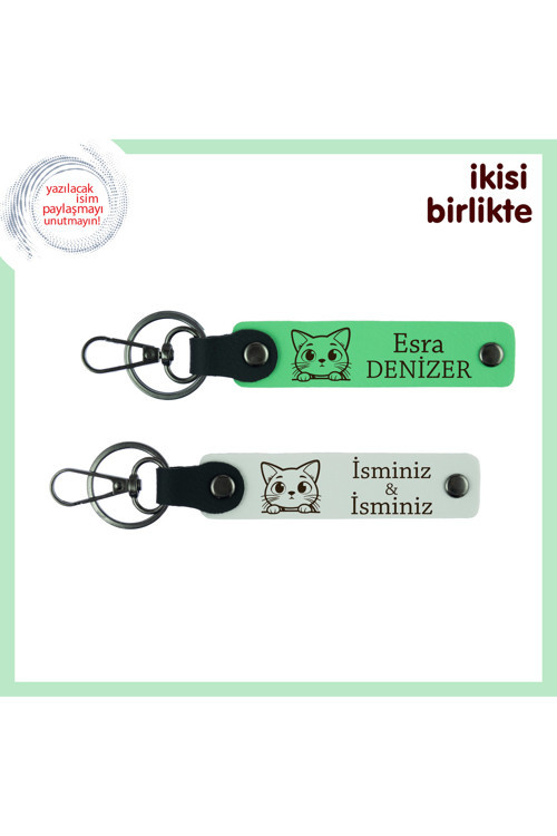 Annesine Ve Minik Ev Arkadaşına, Kişisel Deri Anahtarlık 2’Li Hediye, Fıstık Yeşil-Beyaz
