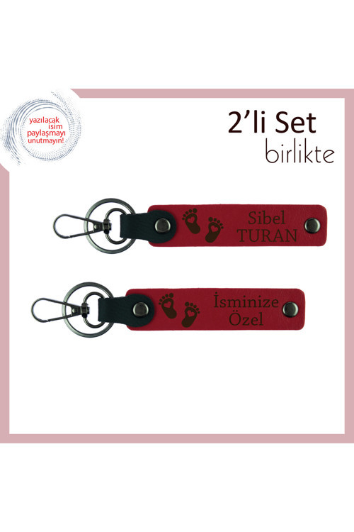 İsim Yazılabilir Deri Anahtarlık, Kalpli Ayak Motifiyle Sevimli Ve Anlamlı Hediye, Kırmızı-Kırmızı