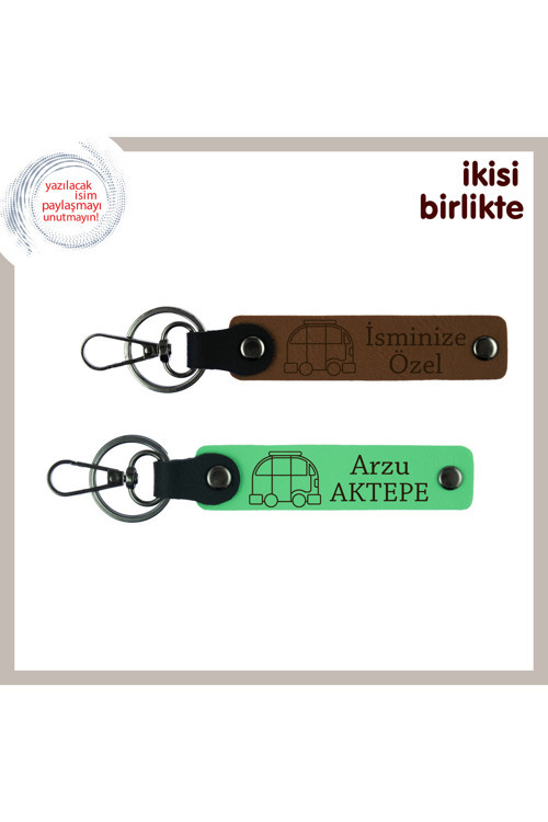 Yol Arkadaşınla Paylaşacağın Hatıra, Karavan Motifli Anahtarlık X2’Li, İsim Yazılı, A Kahve-F Yeşil