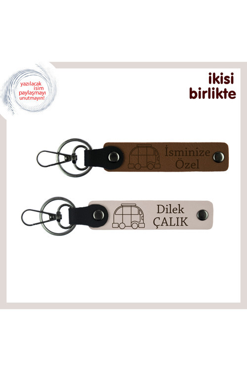 Karavanın Gölgesinde Doğan Aşklara, Deri Anahtarlık X2’Li, İsminizi Yazdırın, Açık Kahve-Pudra