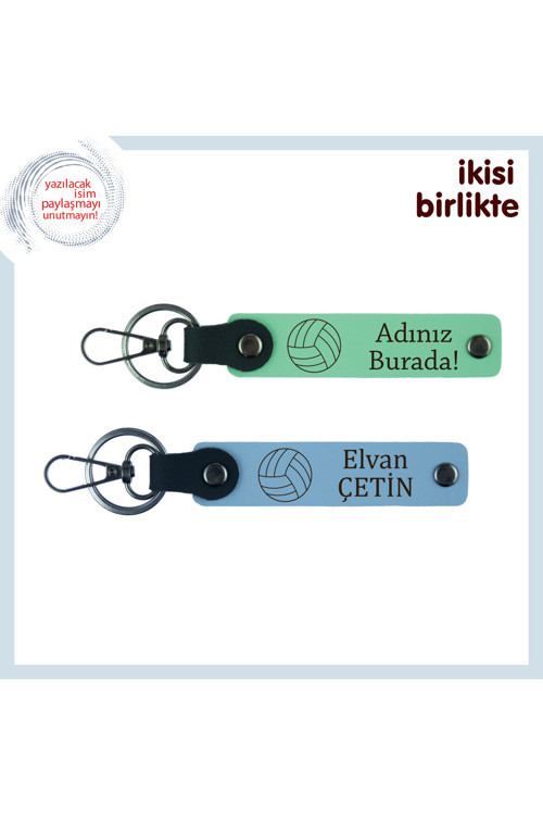 Her Serviste Hatırlanacak Anı, İsim Yazılabilir Deri Anahtarlık Takımı X2'Li, Açık Yeşil-Gök Mavi