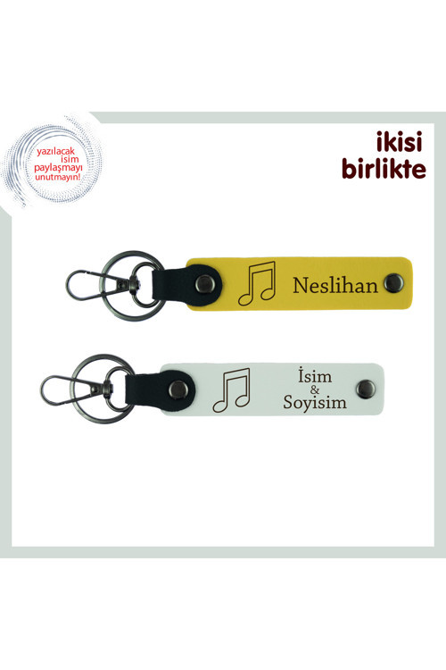 Birlikte Dinlenen Her Şarkıya Minnetle, Kişiye Özel Deri Anahtarlık Takımı, Sarı-Beyaz