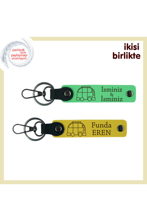 Karavanla Kurulan Anılara Özel, İsme Özel Deri Anahtarlık 2’Li Set, İsim Yazılı, Fıstık Yeşil-Sarı