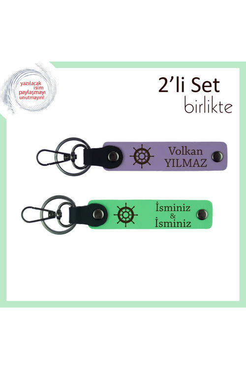 Eşinizin Ruhuna Hitap Eden, Gemi Motifli Deri Anahtarlık Seti, Mor Menekşe-Fıstık Yeşil