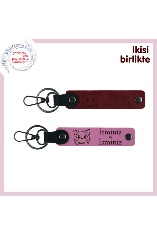 Minik Patisiyle Hayatını Değiştiren Kedine, Kişiye Özel Anahtarlık Seti, Bordo-Pembe