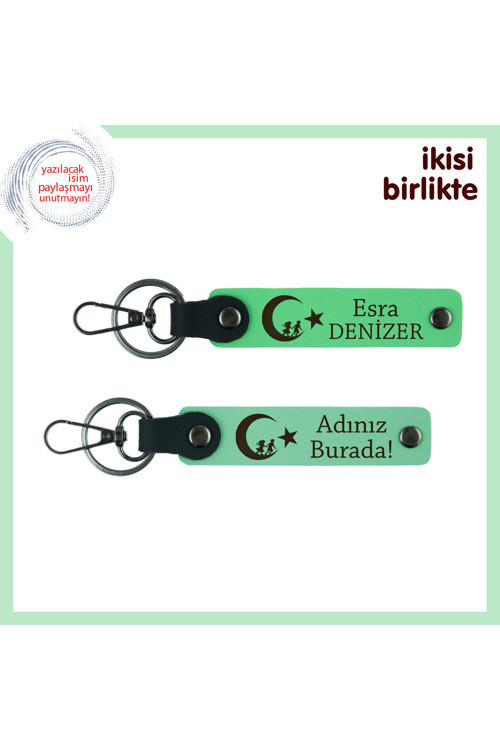 Çocuk Ve Ayyıldız Desenli Öğretmene Teşekkür Anahtarlığı – Kişiye Özel 2’Li Set, F Yeşil-Yeşil