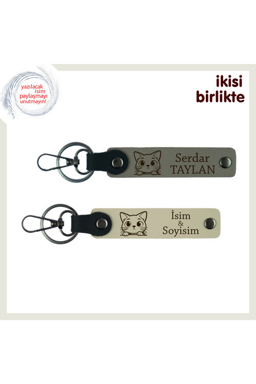 Sevgililer Günü İçin Kedi Temalı Özel Hediye, İsimli Deri Anahtarlık Seti, Kül Gri-Sütlü Kahve