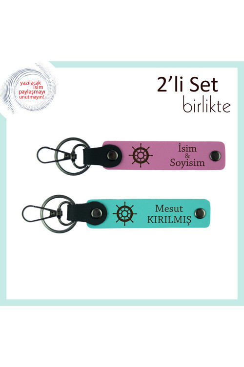 Eşiniz İçin Tasarlanmış Gemi Temalı Deri Anahtarlık Seti, Kişiselleştirilebilir, Pembe-Turkuaz
