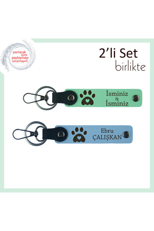 Kedi Sever Arkadaşa Özel Hediyelik, Kalpli Pati Motifli Deri Anahtarlık Seti, Açık Yeşil-Gök Mavi