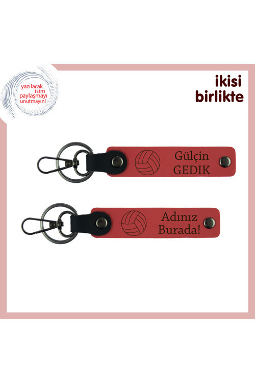 Voleybolcu Sevgiliye Anlamlı Hediyelik, Kişiye Özel Deri Anahtarlık Takımı X2, Nar Çiçeği-Nar Çiçeği