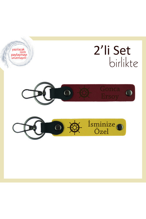 Hediyelik 2’Li Gemi Dümeni Anahtarlık, İsim Yazılı Deri Takım, Kişiselleştirilebilir, Bordo-Sarı
