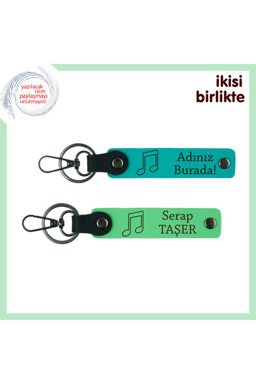 Melodi Gibi Gelen Hediye, Kişisel İsim Yazılabilir Deri Anahtarlık Seti, Koyu Turkuaz-Fıstık Yeşil