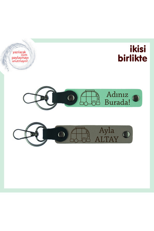 Yolda Yaşamayı Seçenlere Kişisel Hatıra, Anahtarlık 2’Li Set, Adınız Yazılı, Açık Yeşil-Kül Gri