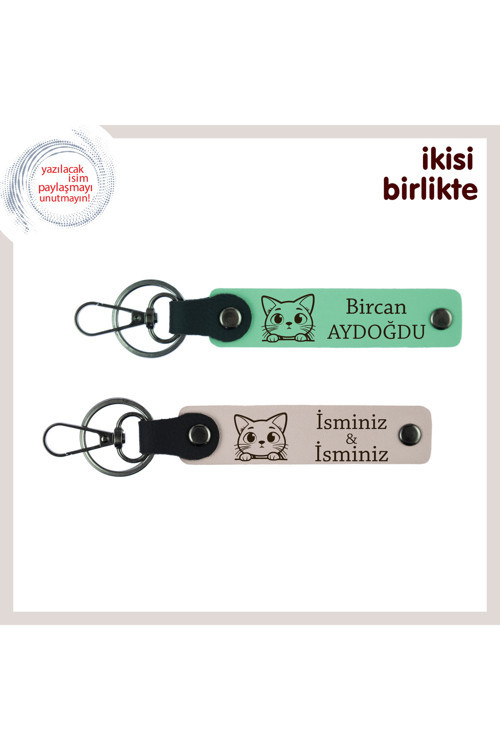 Anneye Kedi Sevgisini Taşıyan Anlamlı Armağan, Kişisel Deri Anahtarlık Takımı, Açık Yeşil-Pudra