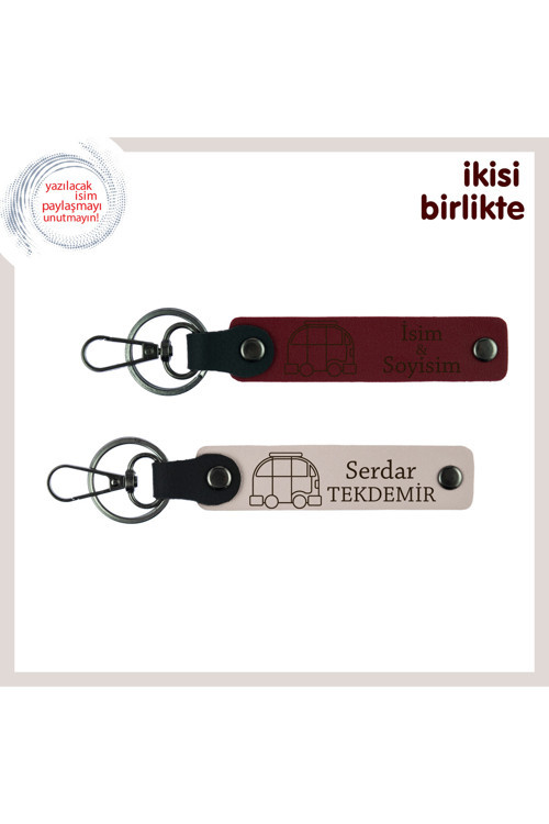 Karavanla Her Yere Götürülecek Hatıra, İsimli Deri Anahtarlık 2’Li Set, İsim Yazılı, Bordo-Pudra