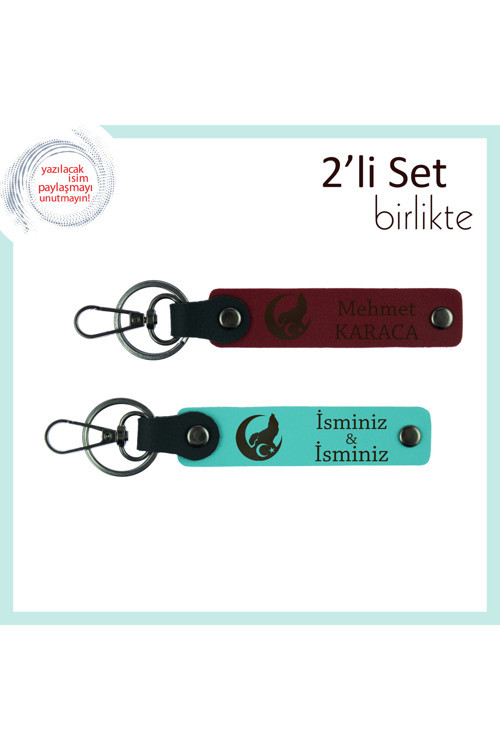 Bozkurt Ve Ayyıldız Desenli Sevgiliye Hediye – Kişisel İsimli Anahtarlık Takım 2'Li, Bordo-Turkuaz