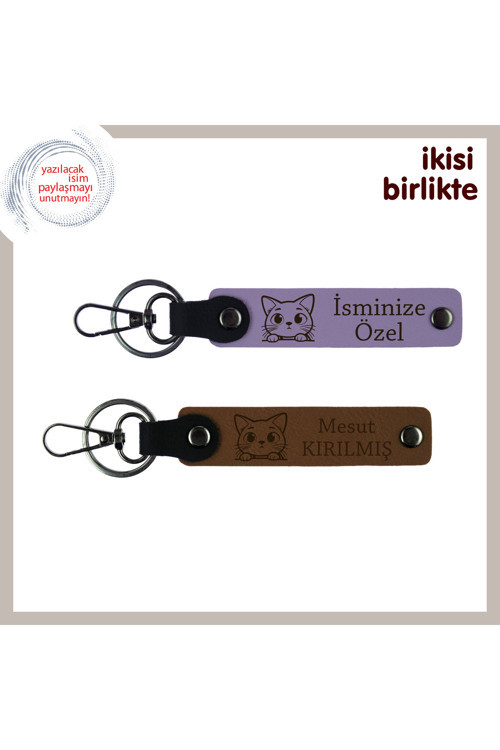Kediyle Yaşayan Takımlere Ortak Hatıra, İsimli Anahtarlık Takımı X2’Li, Mor Menekşe-Açık Kahve