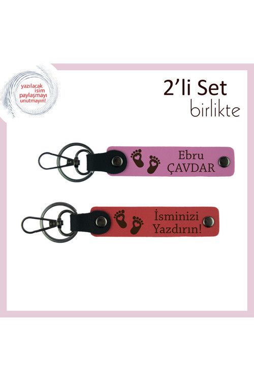 Bebek Doğumuna Özel Tasarlanmış Kalpli Ayak Figürlü Anahtarlık, İsme Özel Deri Set, Pembe-Nar Çiçeği