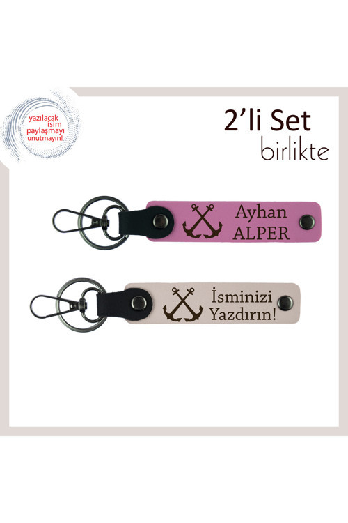 Gemici Motifiyle Hazırlanmış Deri Anahtarlık, Çiftlere Uygun 2’Li Set, Pembe-Pudra