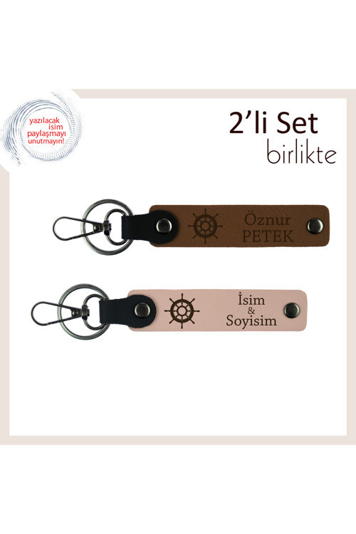 Kaptan Gibi Kararlı Ruhlara, Gemi Dümeni Motifli Anahtarlık Seti, Açık Kahve-Yavru Ağzı