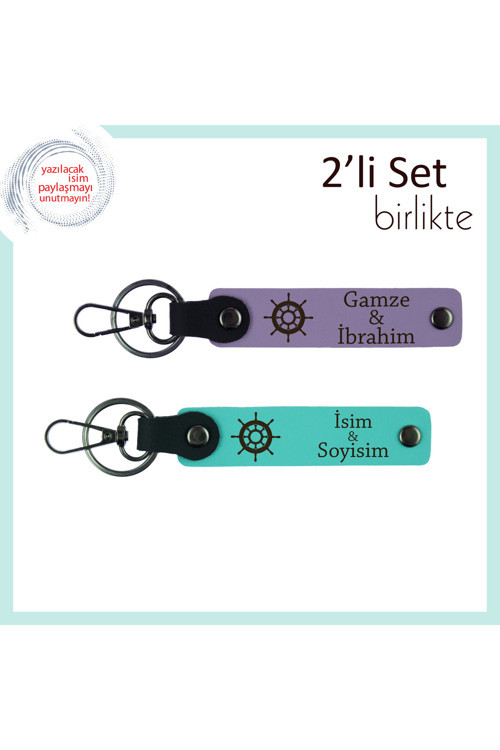 Tarzına Güvenen Eşe, Klasik Gemi Tasarımıyla 2’Li Deri Anahtarlık, Mor Menekşe-Turkuaz