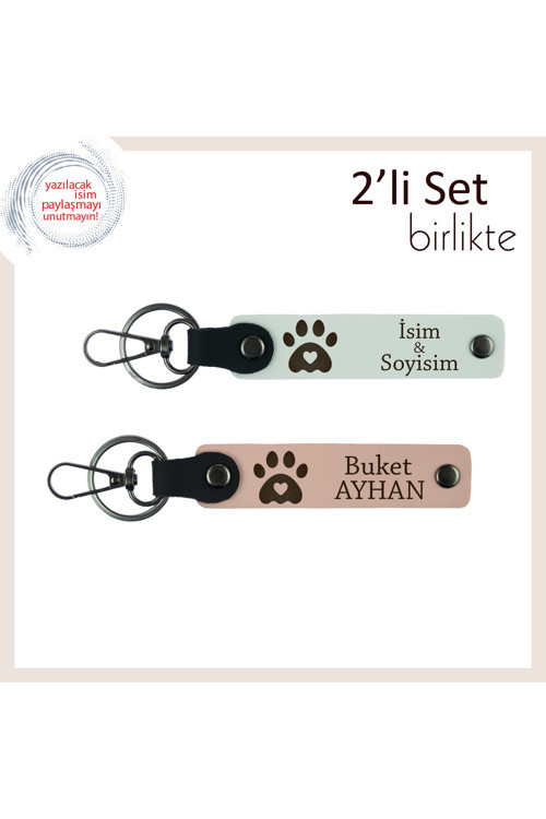 Hayvanları Seven Çiftlere Uygun Tasarım, Kalpli Pati Desenli Set, İsim Yazılabilir, Beyaz-Yavru Ağzı