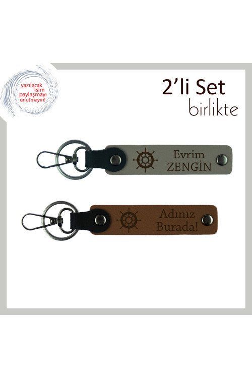 Kaptan Ruhlu Eşe Hediye, Gemi Figürlü 2’Li Deri Anahtarlık Takımı, Kül Gri-Açık Kahve