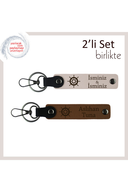 İsme Özel Gemi Figürlü Anahtarlık Seti, Sevgiliye Hediye, Kişiselleştirilebilir, Pudra-Açık Kahve