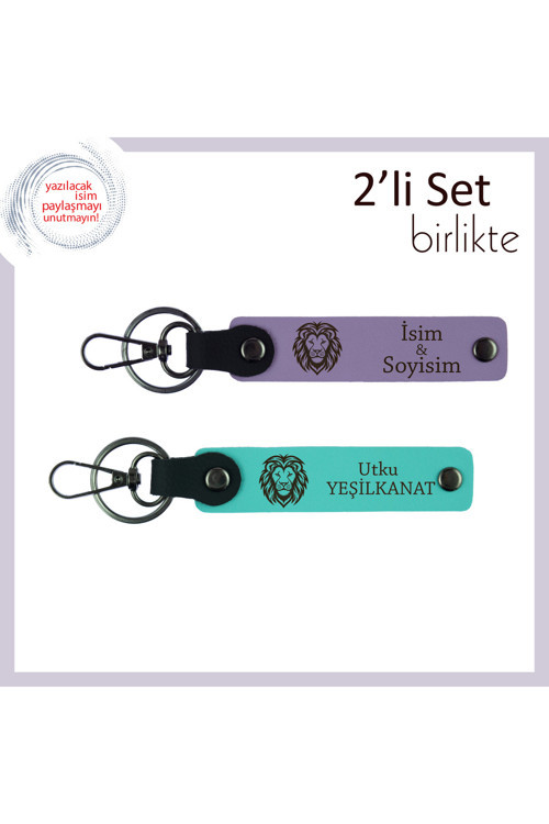 Stil Ve Gücün Uyumu, Kaplan Desenli 2’Li Deri Anahtarlık Hediyelik, Mor Menekşe-Turkuaz